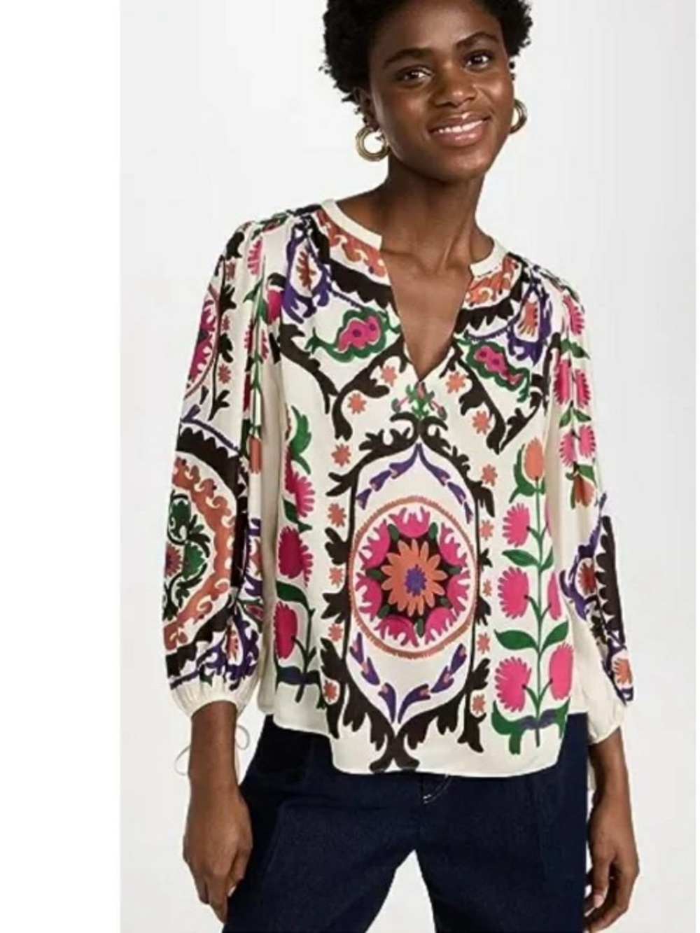 ba&sh Cream Blouse with Pink, Green, Purple and Orange Floral Medallion Print #9